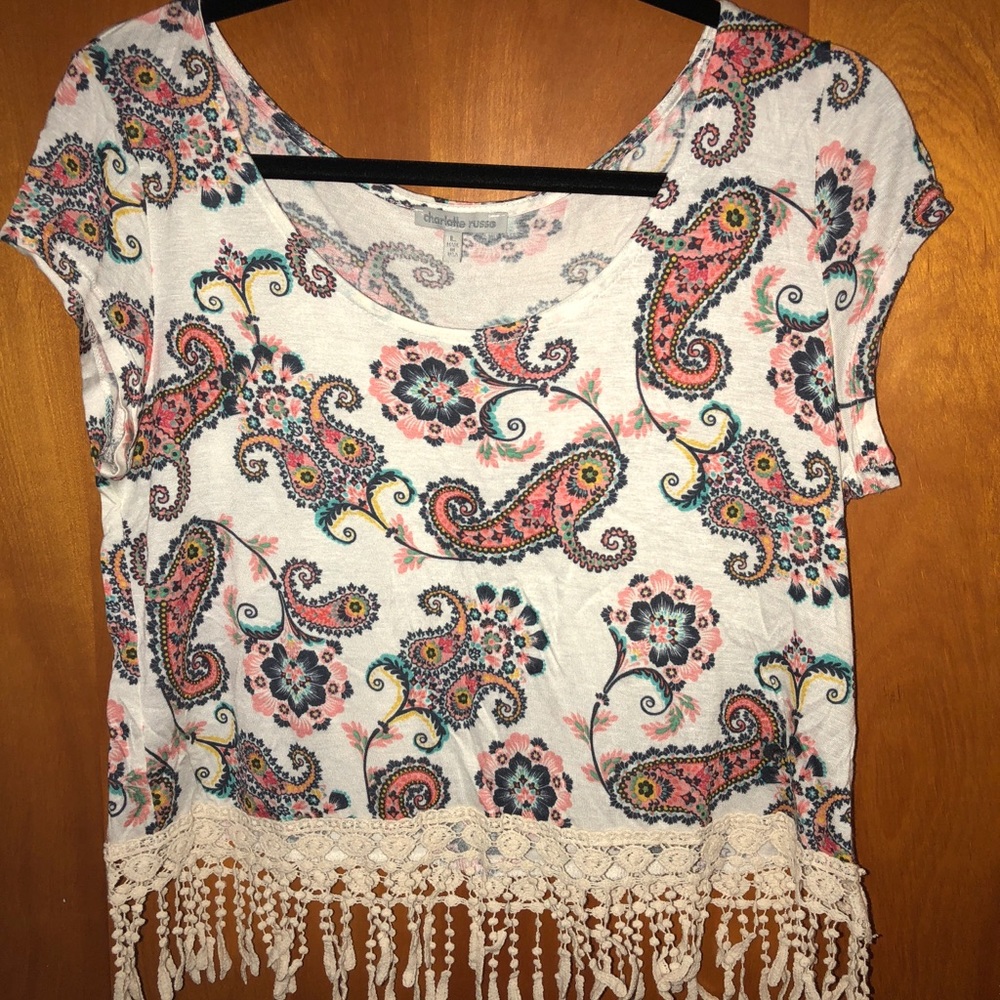 cropped white shirt with lace design at bottom